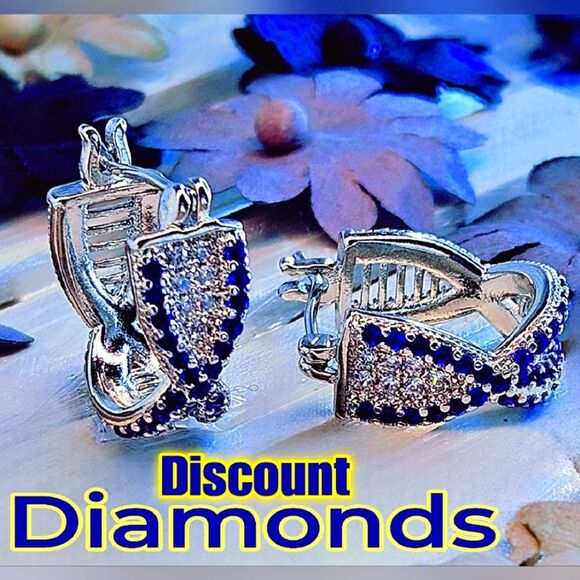 2 Ct. Blue Sapphire & White Baguette Diamond Earrings on 925 - Picture 1 of 9